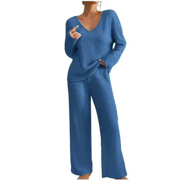 yoeyez Two Piece Womens Pajama Sets Ribbed Knit Comfy Long Sleeve Lounge Sets 2 Piece Matching Pj Sets with Pockets Long Pants Soft Sleepwear Blue XXL