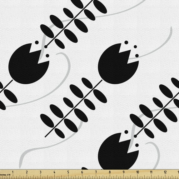 Floral Fabric by the Yard Upholstery, Minimalist Toned Tulip Flowers with Leaves Geometric Modern Digital Art, Decorative Fabric for DIY and Home Accents, Charcoal Grey and White by Ambesonne