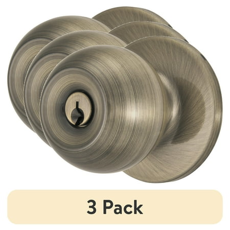 (3 pack) Brinks Keyed Entry Classic Ball Style Doorknob, Antique Brass Finish