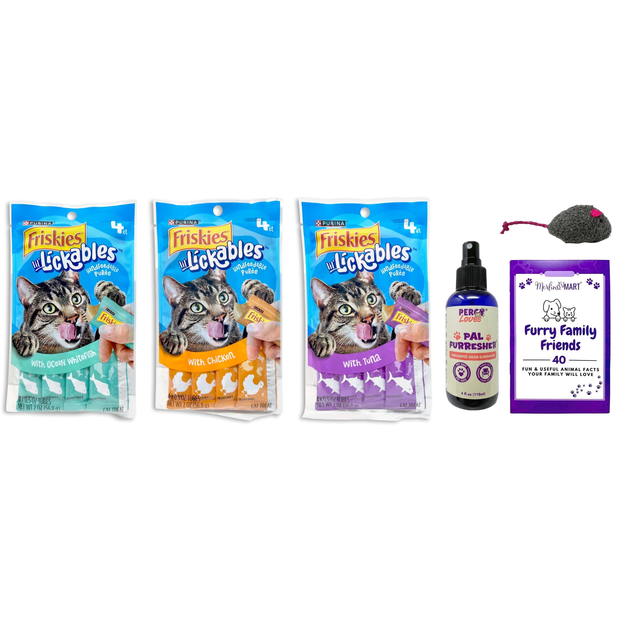Friskies Lickables Cat Food Curated Set of 3 Flavors, 4 Each with MerlinsMart Zine, Percy Loves Pal Furresher, & Catnip Toy