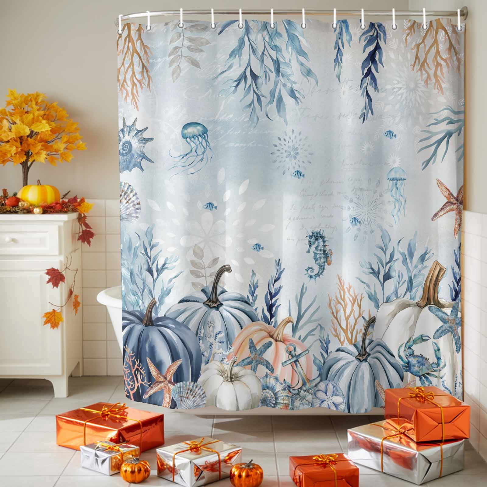 Shower Curtain Bathroom Set Blue Pumpkin Thanksgiving Sea Starfish Coral Waterproof Fabric Shower Curtains with Grommets&Hooks Gradient Ocean Style Privacy Bath Curtain for Bathtub 36x72in