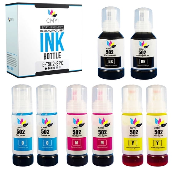 CMYi Combo Pack of 8 Inkjet Printer Ink Bottles Compatible with Epson 502, 2 Black, 2 Cyan, 2 Magenta, 2 Yellow