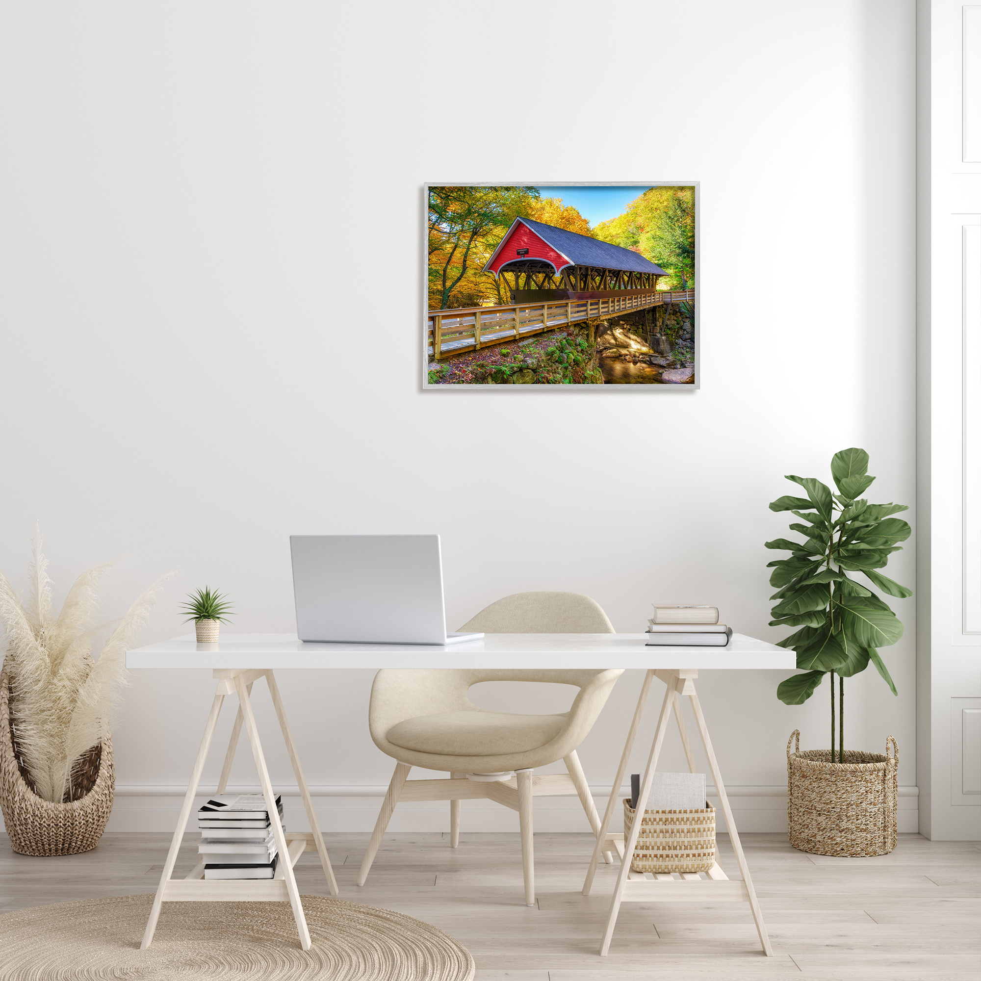 Stupell Red Covered Bridge Woodland Creek Landscape Photography Gray Framed Art Print Wall Art