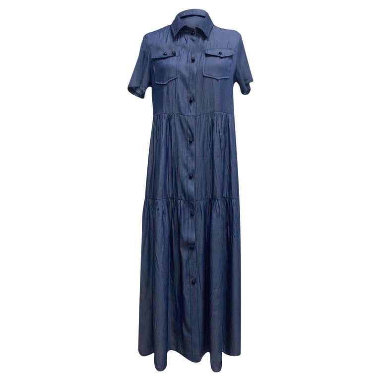 denim birthday dress for women jeans maxi dress Women's Blue Denim Solid Dress Blue / XL