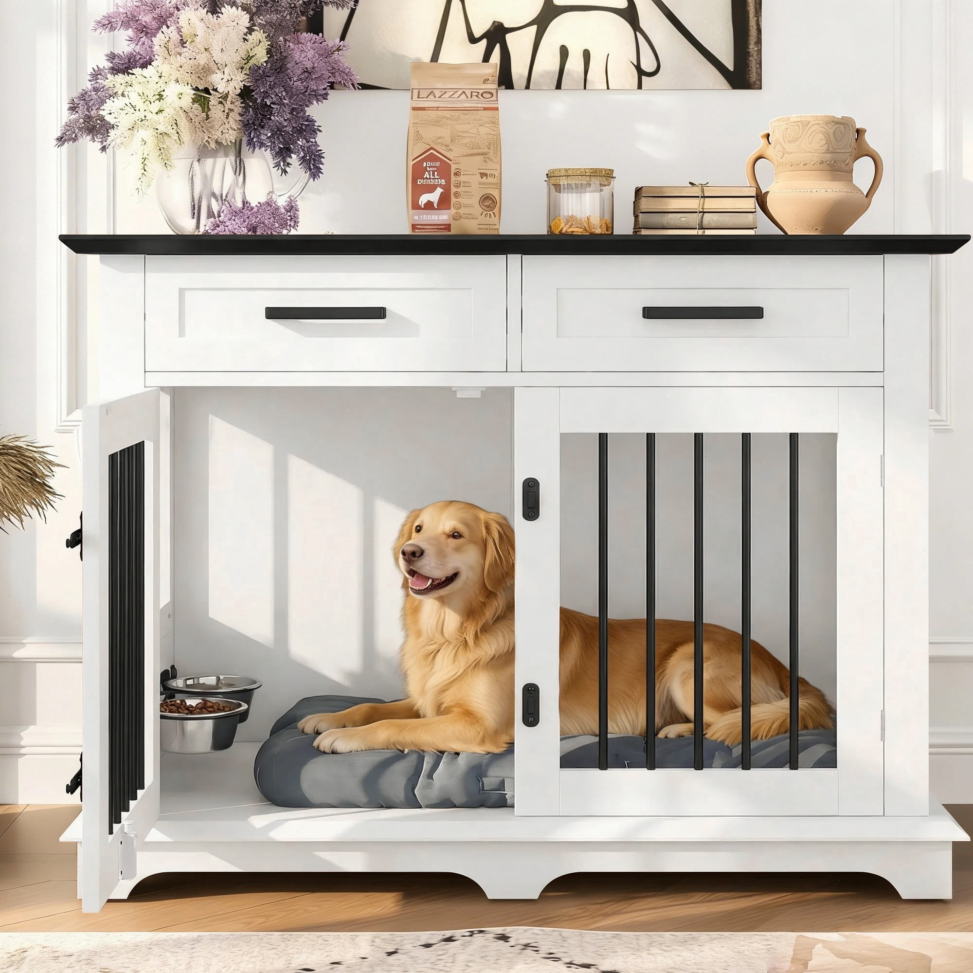 Euroco 44" Large Dog Crate Furniture, Wooden Indoor Dog Kennel End Table with Storage Shelf, 2 Drawers and Rotating Bowls, Dog Crate Cage House for Medium Dogs,White