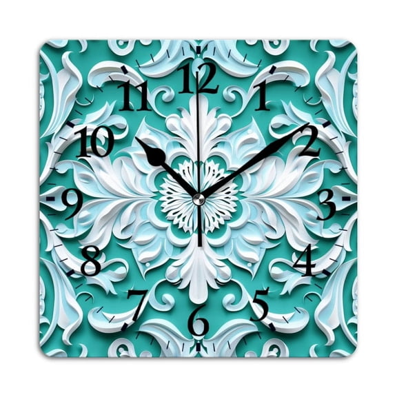 Non-Ticking Silent Wall Clocks Battery Operated Personalized Decor Clock for Living Room,Bedroom-Teal And White Pattern Of Light Turquoise Background(10inch)