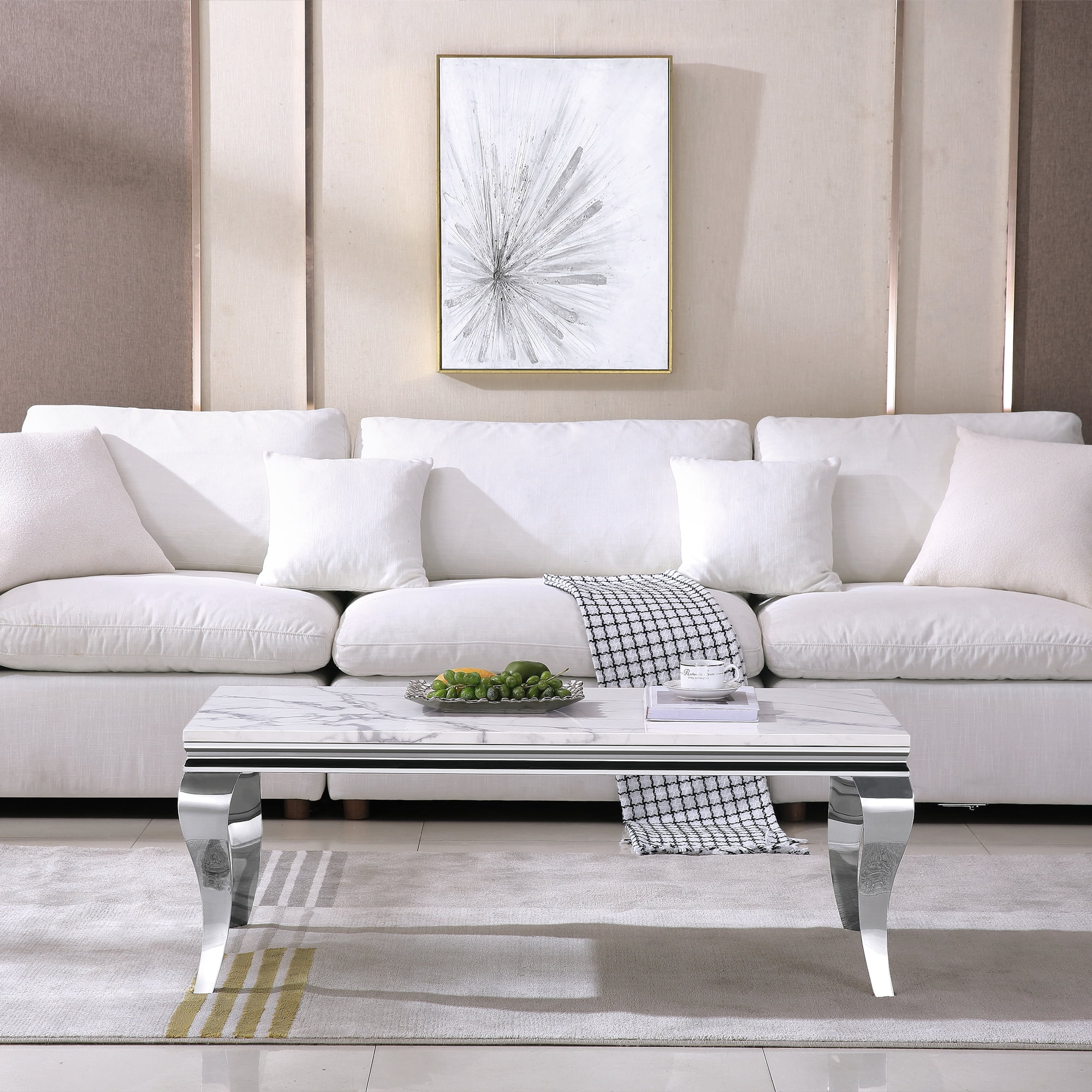 Modern Rectangular Marble Coffee Table, 46.85" Faux Marble Top with Silver Mirrored Stainless Steel S-Shaped Legs, for Living Room, Lounge Area
