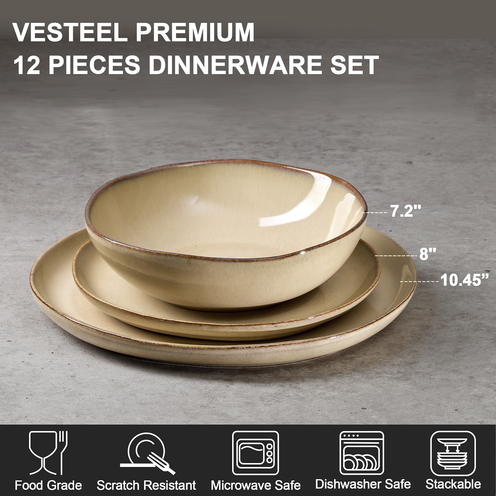 Vesteel Stoneware Dinnerware Set, 12-Piece, Service for 4 photo 5