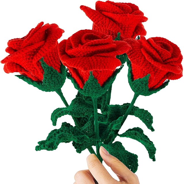 4 piezas Crochet Rose Flower Hecho a mano Día de la madre Rosas rojas Crochet Flower Bouquet Cumpleaños para esposa Novia y mujer Aniversario Graduación Boda