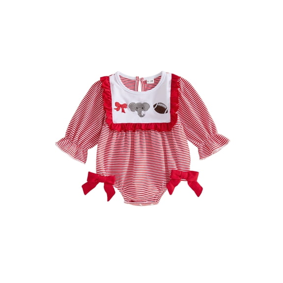 Cjfdfy Newborn Baby Girl Game Day Fall Outfit Animal Football Season Stripe Long Sleeve Ruffled Bow Collar Romper Infant Cute My First Football Season Fall Winter Clothes 0-18M