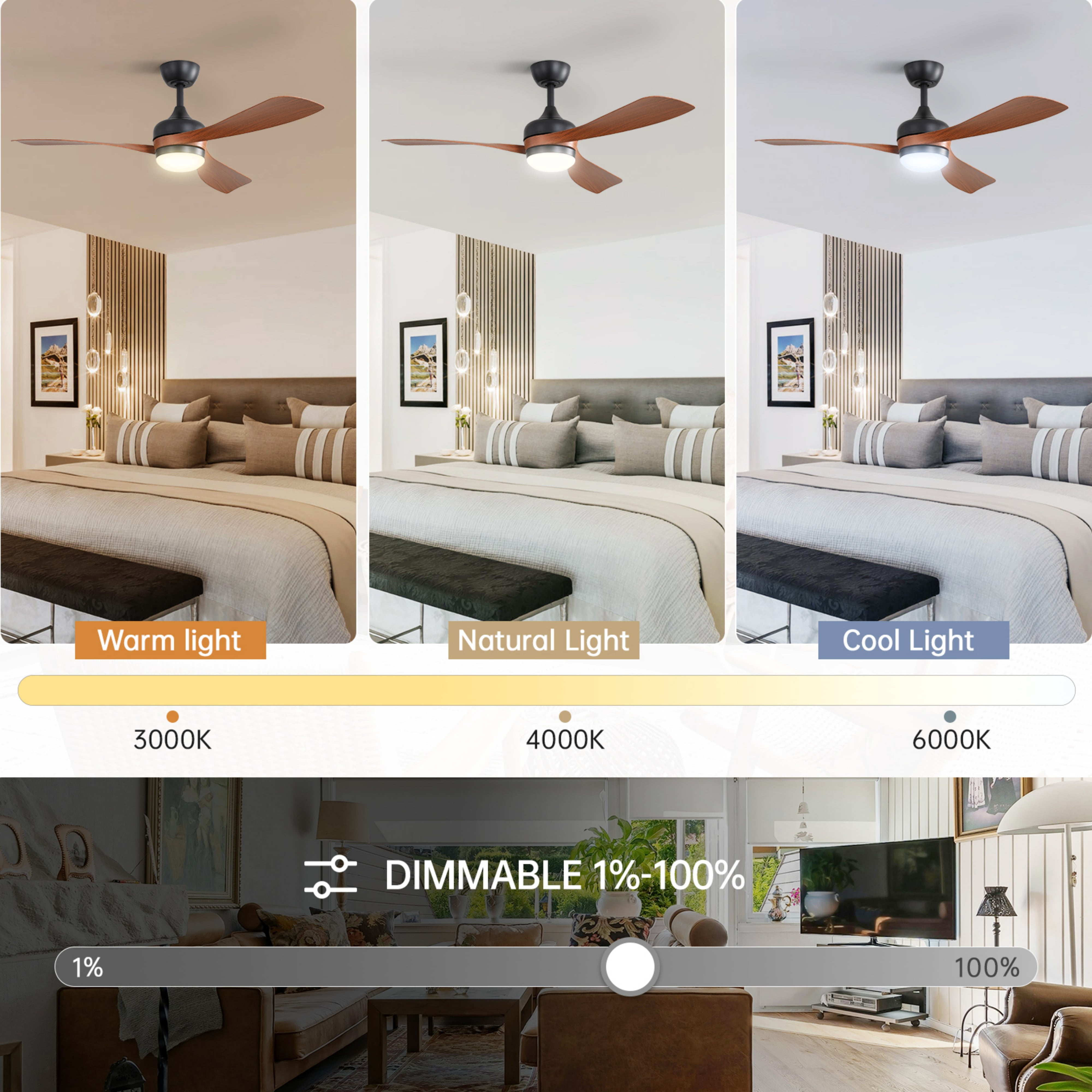 Sofucor 52" Modern Ceiling Fans with Light and Remote Control, 3 Blades with Reverse Airflow, Brown
