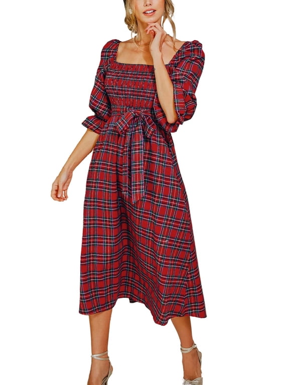 Women's Elegant All-weather Dress Square Neck Belted Tartan Plaid Maxi Length