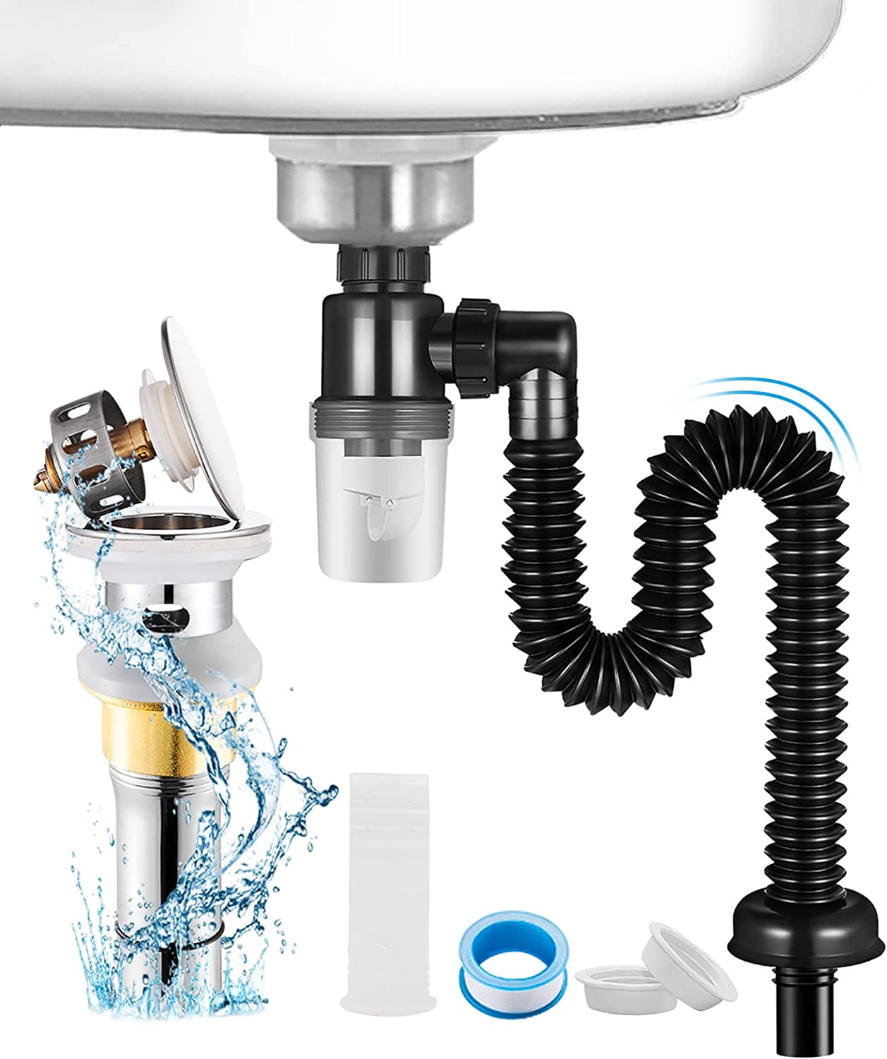 Pop Up Sink Drain, Flexible Sink Drain Pipe with Detachable Basket
