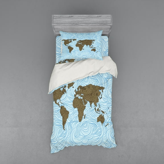 Floral World Map Duvet Cover Set, World Map with Wavy Ocean Lines Flower Continent Image, Bedding Set with Shams and Fitted Sheet, 3 Sizes, by Ambesonne