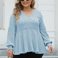 thumbnail image 3 of STETMN Women Plus Size Blouses Lantern Long Sleeve V Neck Striped Tops Dressy Loose Fit Pullover Sweaters, 3 of 5