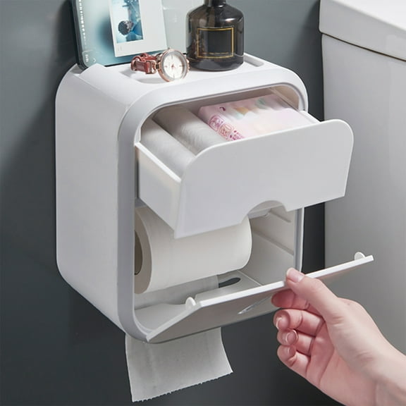 Wall-mounted Toilet Paper Holder with No-drill Adhesive, White Plastic Storage Rack for Bathroom Tissue Rolls, Space-saving Design for Home, Office, or Rv Use,Vsgery