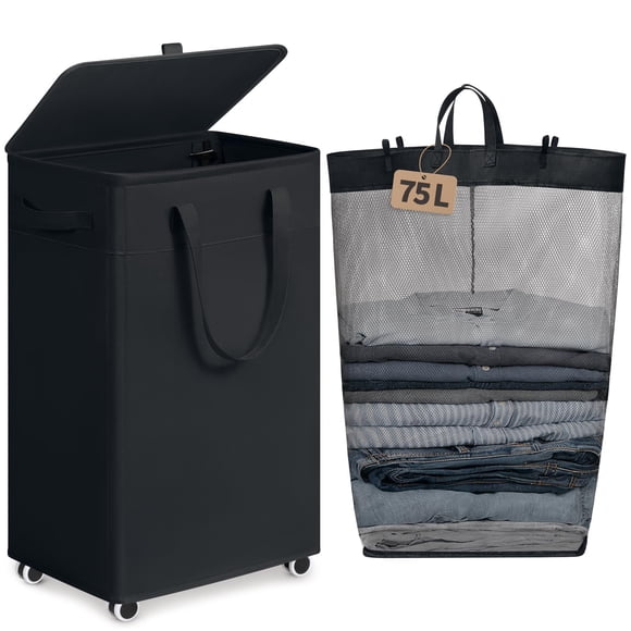 Goodpick Black Laundry Basket with Wheels and Lid, 75L Rolling Laundry Hamper for Dorm Bathroom, Large Tall Dirty Clothes Hamper with Removable Wash