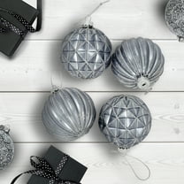 Geometric Glittered Shiny Glass Ball Christmas Ornaments - 3" (80mm) - Pewter - 4ct