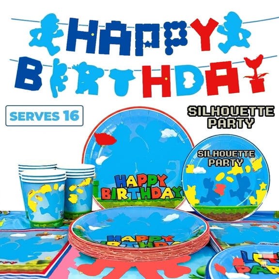 Kids Birthday Party Supplies Tableware,128pcs Kids Party Pack - Kids Party Plates Cups Napkins Tablecloth Banner etc Kids Birthday Decorations for Boys Kids,Serves 16
