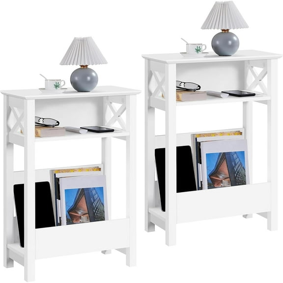 REKHH 3 Tier Slim End Table Set of 2, Narrow Side Table with Storage Shelf, Modern X Shaped Magazine Table for Living Room Home Office Narrow Spaces, 20×10×28 inch (L×W×H), White