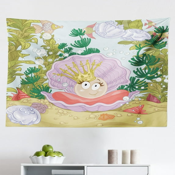 Pearls Tapestry, Illustration of a Frame Ornaments and Stones Baroque Style Floral Patterns, Fabric Wall Hanging Decor for Bedroom Living Room Dorm, 2 Sizes, Cream Yellow, by Ambesonne