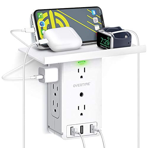 Overtime Outlet Extender - 11 Outlet Wall Surge Protector - 8 AC and 3 USB Outlets with Shelf - White
