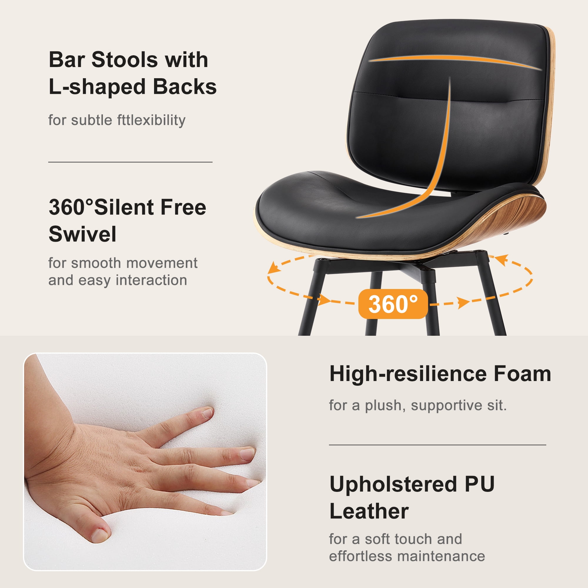 Counter Height Bar Stools Set of 2, 26" Swivel PU Leather Upholstered Bar Stools with Walnut Backs and Metal Legs, Retro Counter Stools for Kitchen Island, Dining Room, Pub, Black