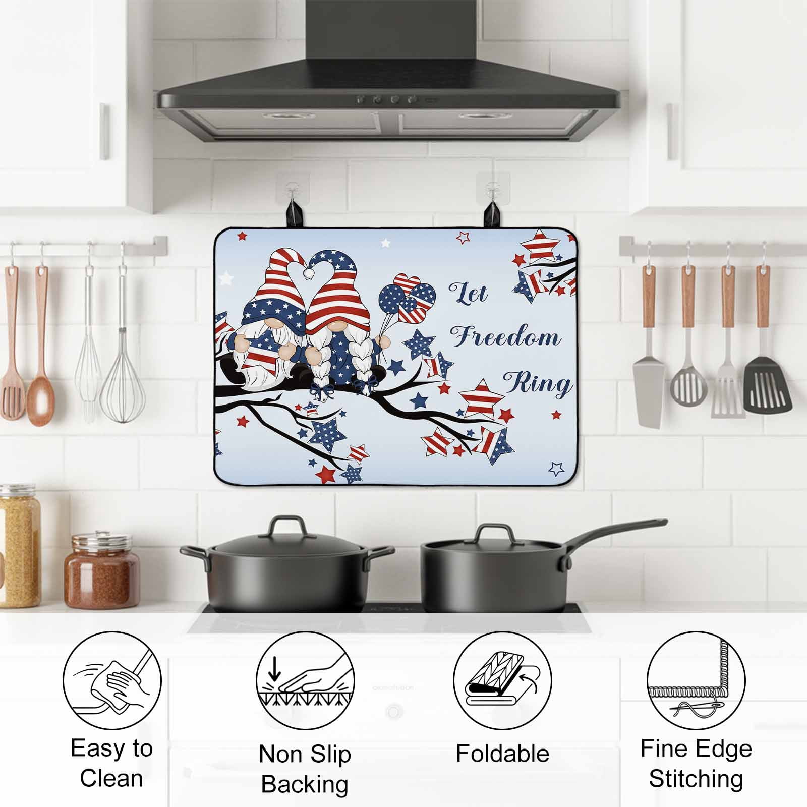 4th of July Stove Top Cover for Electric Stove, Heat-proof & Non Slip Glass Top Stove Cover Protector, Independence Day Blue Ombre Gnomes American Star Kitchen Flat Cooktop Rubber Mat 36x21 Inches