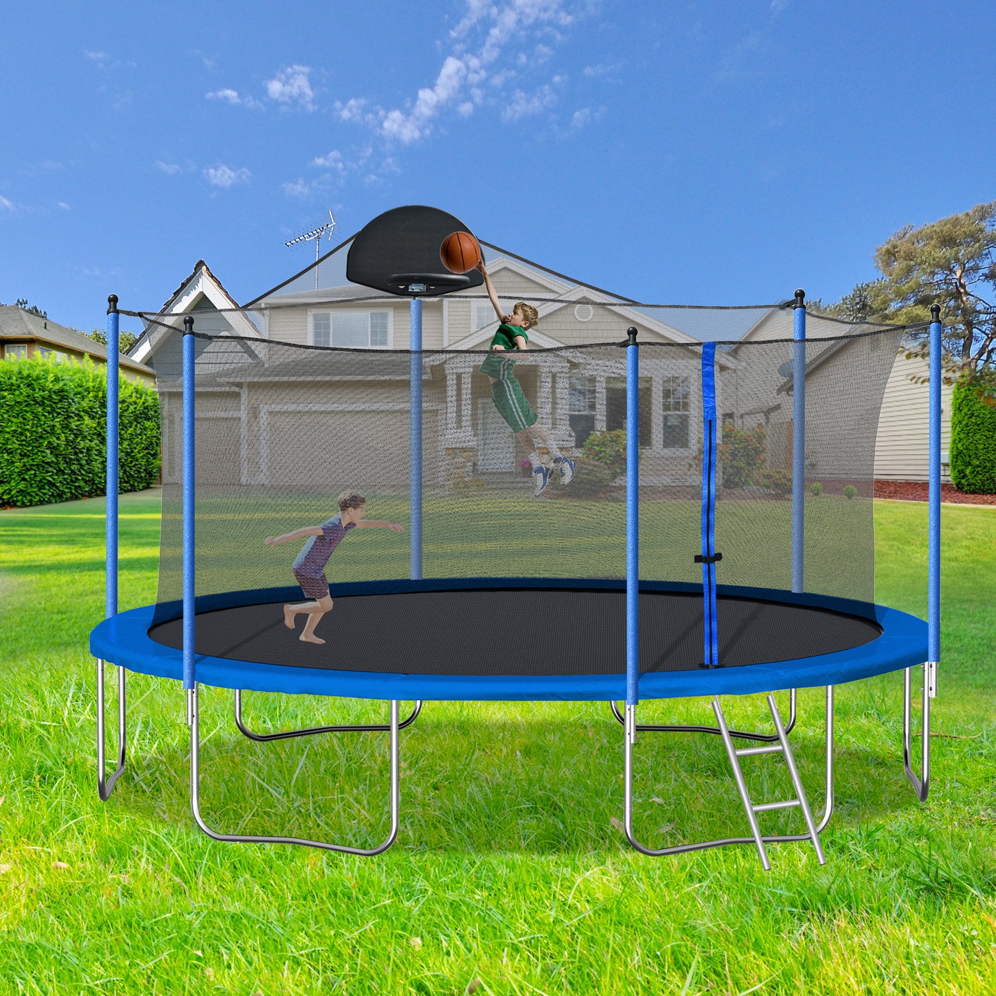 Soges 1400LBS 14FT Trampoline for Kids and Adults with Basketball Hoop Outdoor Trampoline with Ladder and Safety Enclosure Net, Double-side Color Cover