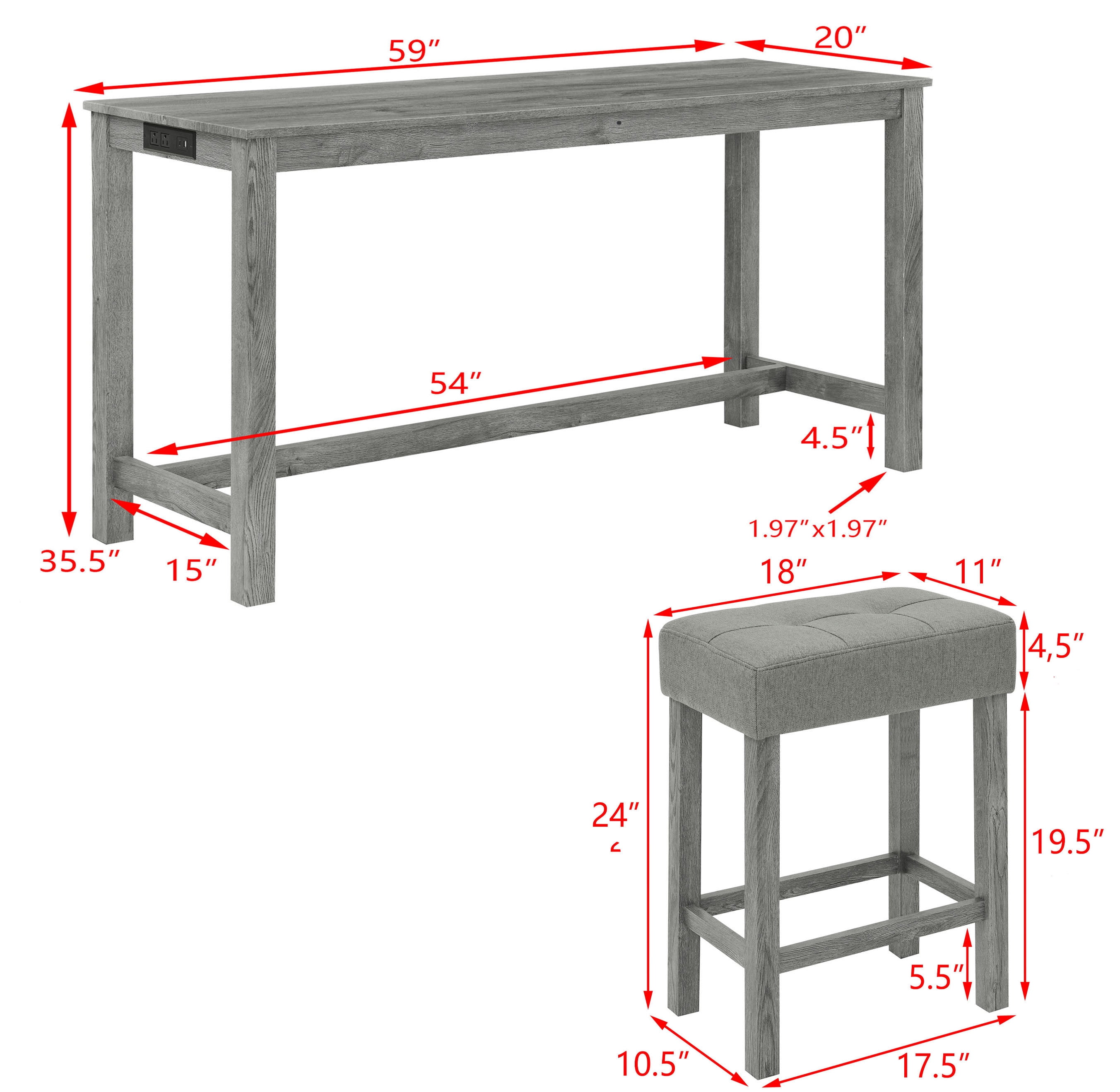 Aukfa 59" Bar Table Set with Charging Station, 4-Piece Counter Height Kitchen Island Set,3 Upholstered Stools,Gray