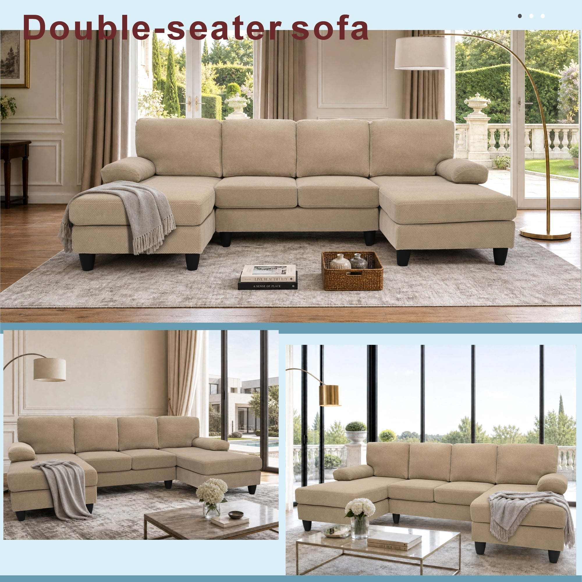 Leumius 104" U Shaped Sectional Sofa,Modern 4 Seat Oversized Sofa with Double Chaise for Living Room,Camel