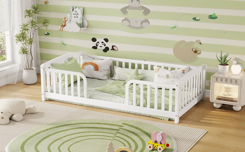 Mintazer Twin Size Toddler Floor Bed with Guardrails & Central Entrance, White
