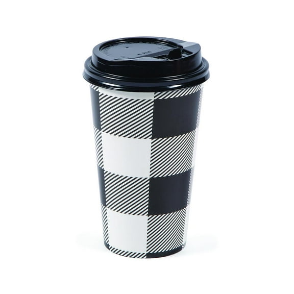 Black Buffalo Plaid Insulated Coffee Paper Cups with Lids, Christmas, Bachelorette, Fall, Birthday, Party Supplies, 12 Pieces, 5.25", Holds 16 oz.