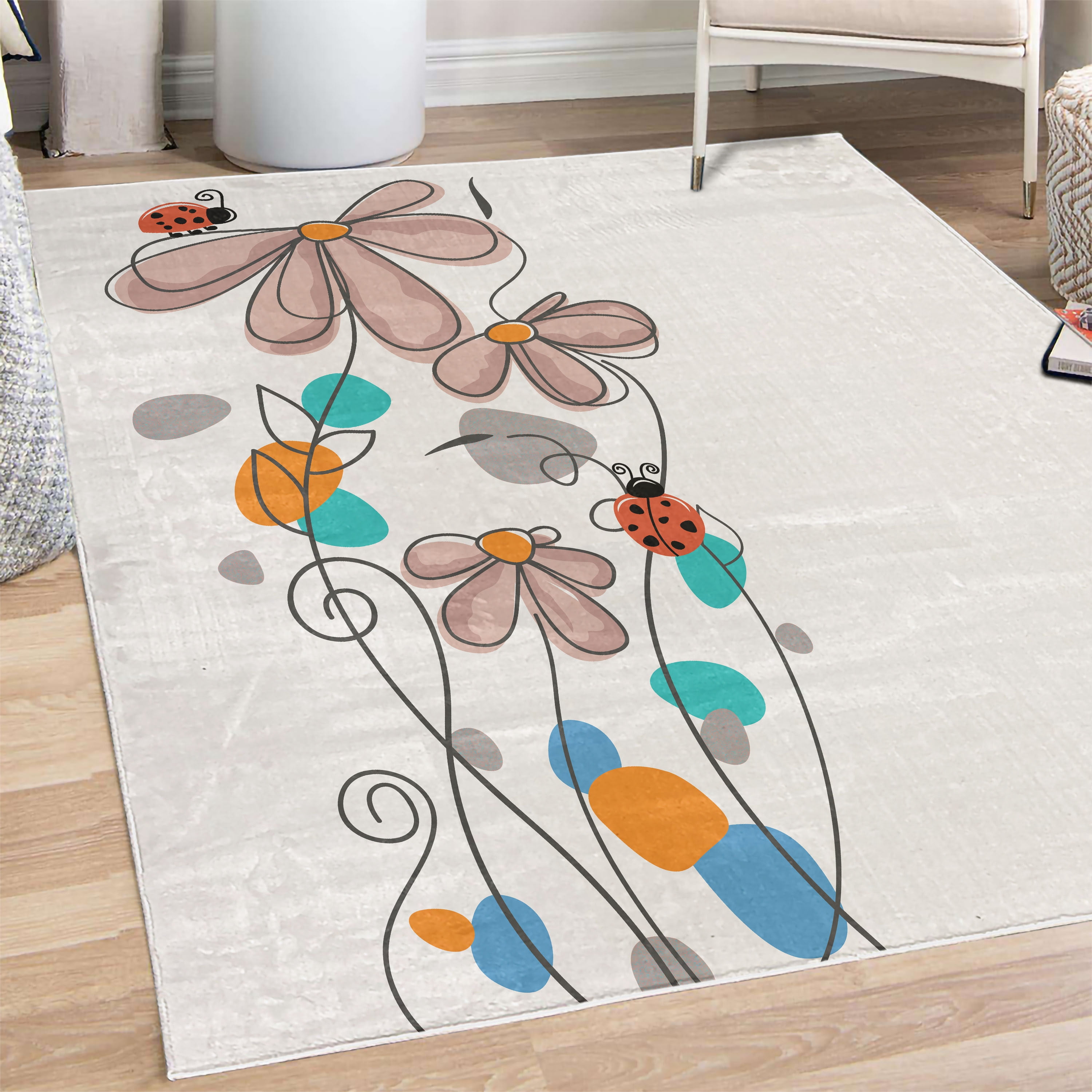 Dome Rug Spring Decorative Rug, Flowers Oval Dome-Shaped Ladybugs Illustration ...