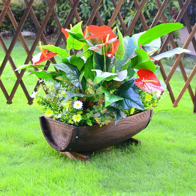 AURARMLET Mango Wood Bowl Wood Half Barrel Planter Rustic Wooden Plant Container For Outdoor Adventure 1Set