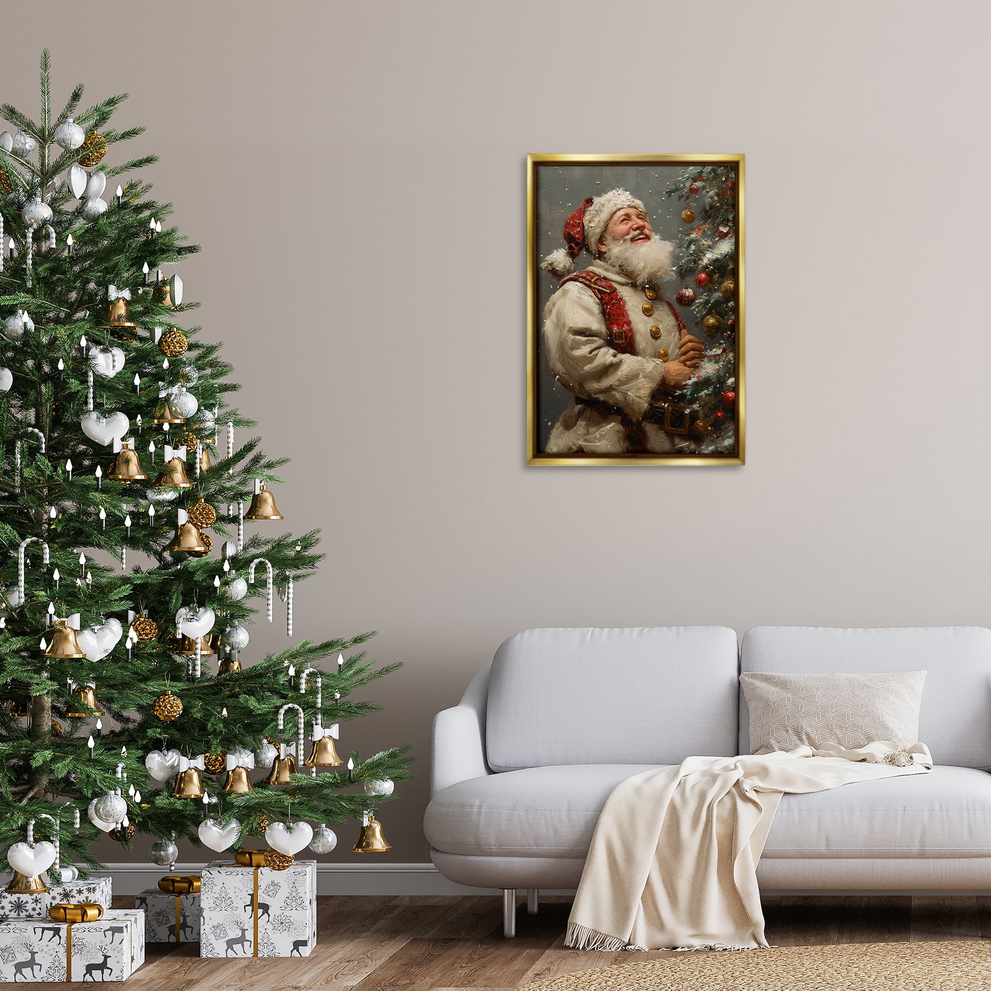 Stupell Industries Happy Santa & Tree Holiday Painting Gold Floater Framed Art Print Wall Art, 21 x 31