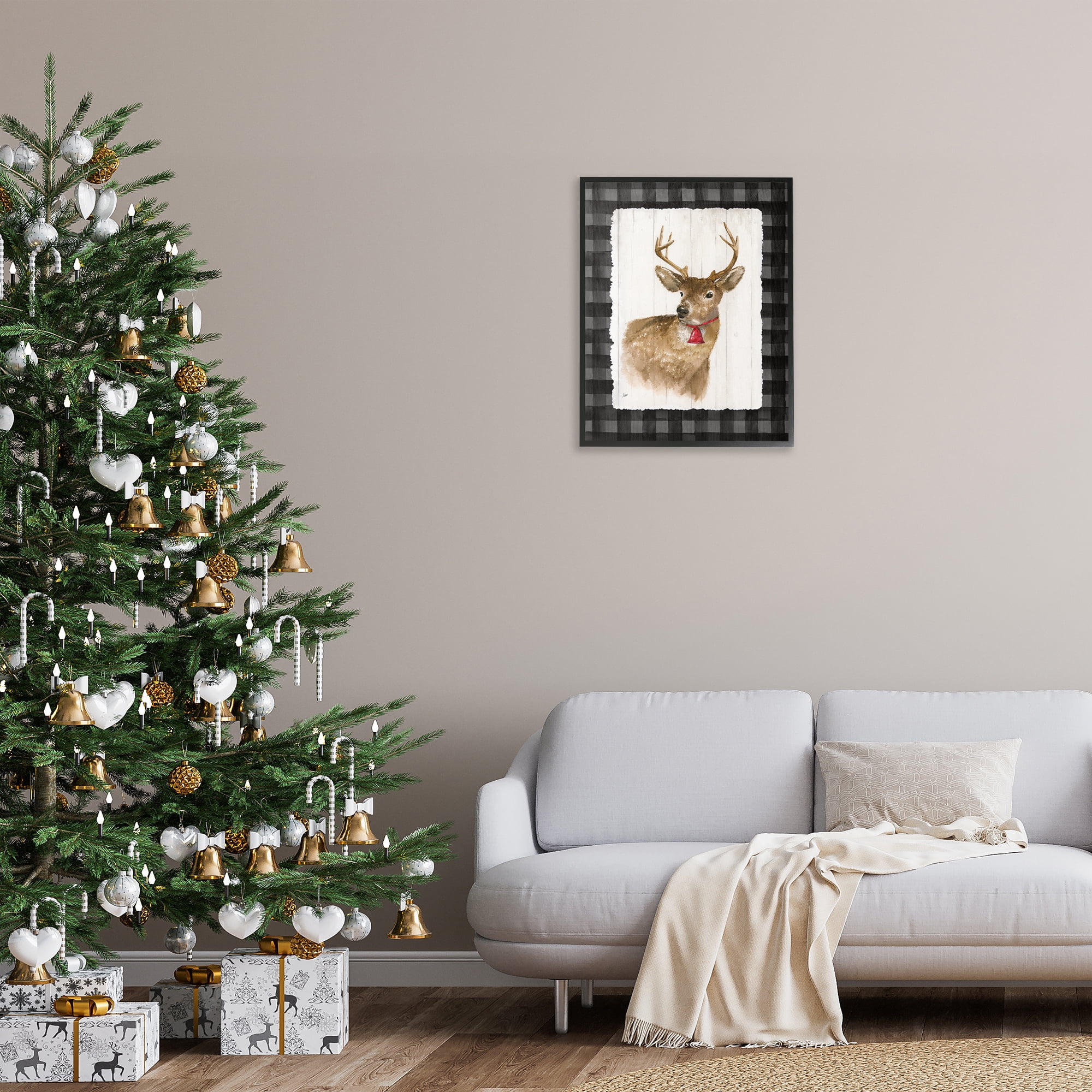 Stupell Industries Deer with Red Bell Animals & Insects Painting Black Framed Art Prints Wall Art, 24 x 30