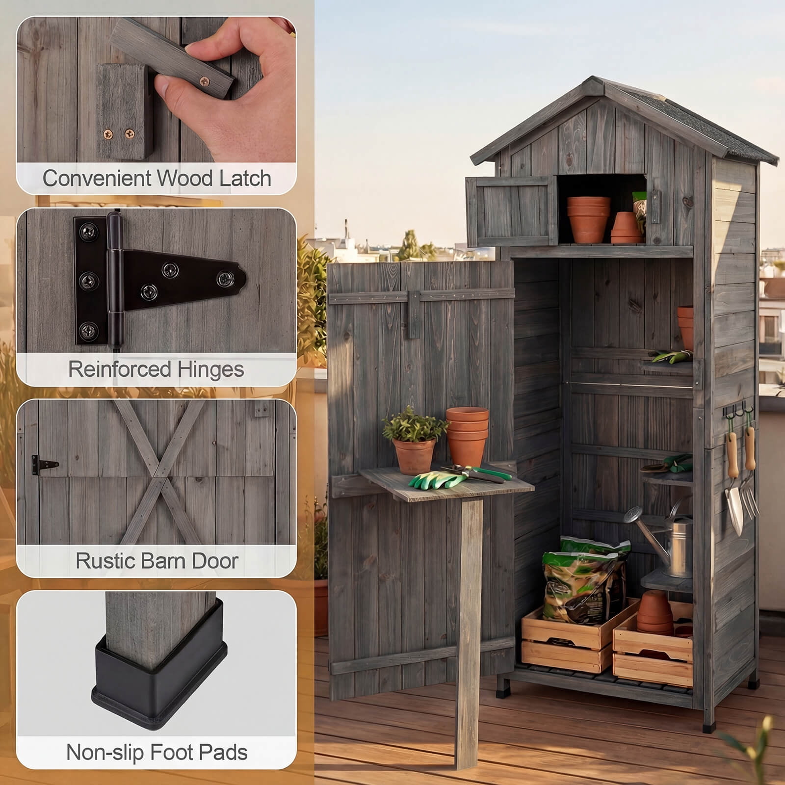 Costway Wood Garden Storage Shed with Lockable Barn Door, Removable Shelves for Patio Gray