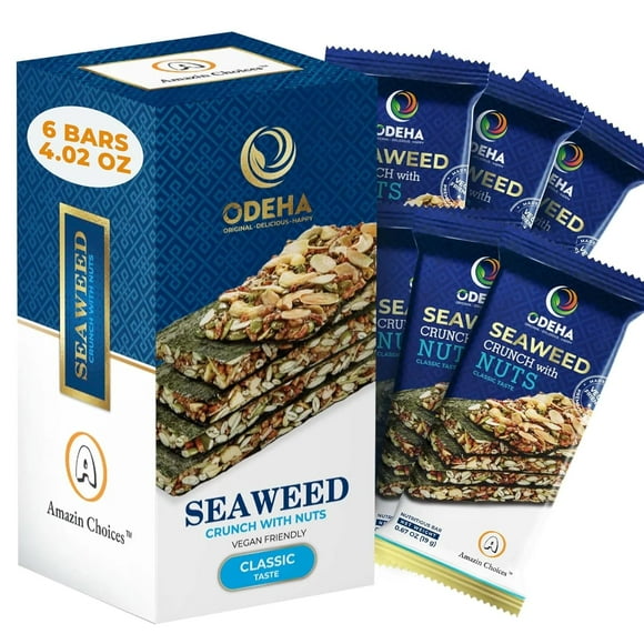 AMAZIN CHOICES Seaweed Crunch with Almonds & Nuts Classic Flavor – Healthy Vegan Snack Bars, Seaweeds Sheets, Crispy Texture, Nutty Taste, and On-the-Go Energy Snacks - 114g (6 Bars)