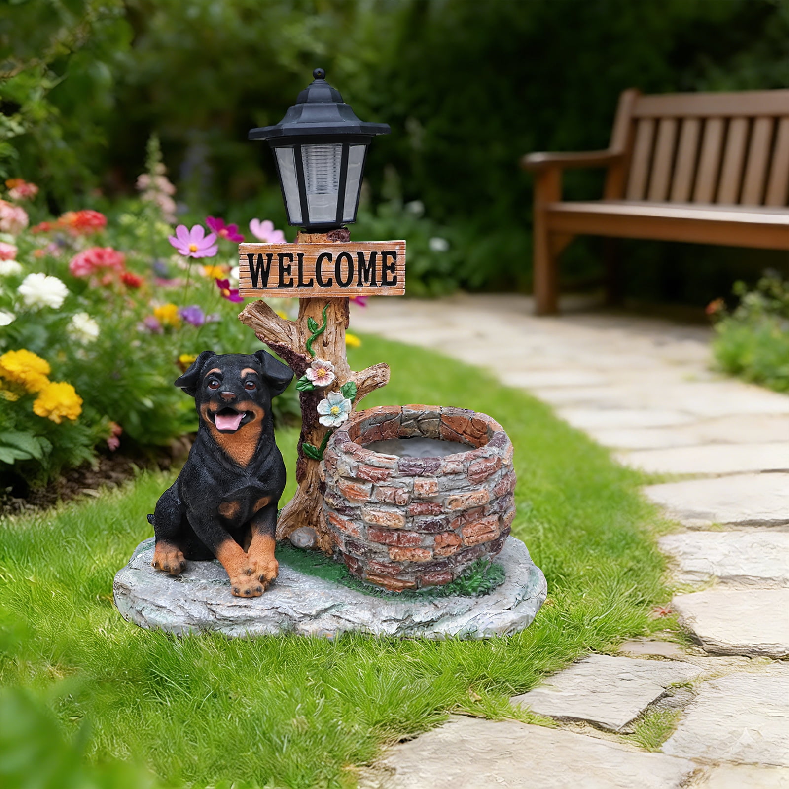 Aukfa Cute Puppy Dog Planter Statue with WELCOME Sign & Solar Figurines Light, Outdoor Garden & Entryway Accent
