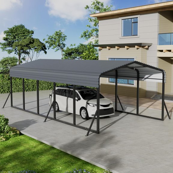 12x24FT Metal Carport, Heavy Duty Carport with Galvanized Steel Roof and Enhanced Base, Upgraded Large Outdoor Canopy, Metal Garage for Cars, Boats, Trucks, Gray (12X24FT)