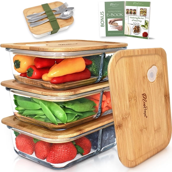 EcoPreps Glass Meal Prep Containers with Bamboo Lids, 2 Compartment Glass Bento Box Container Set (3 Pack) | 100% Plastic Free, E