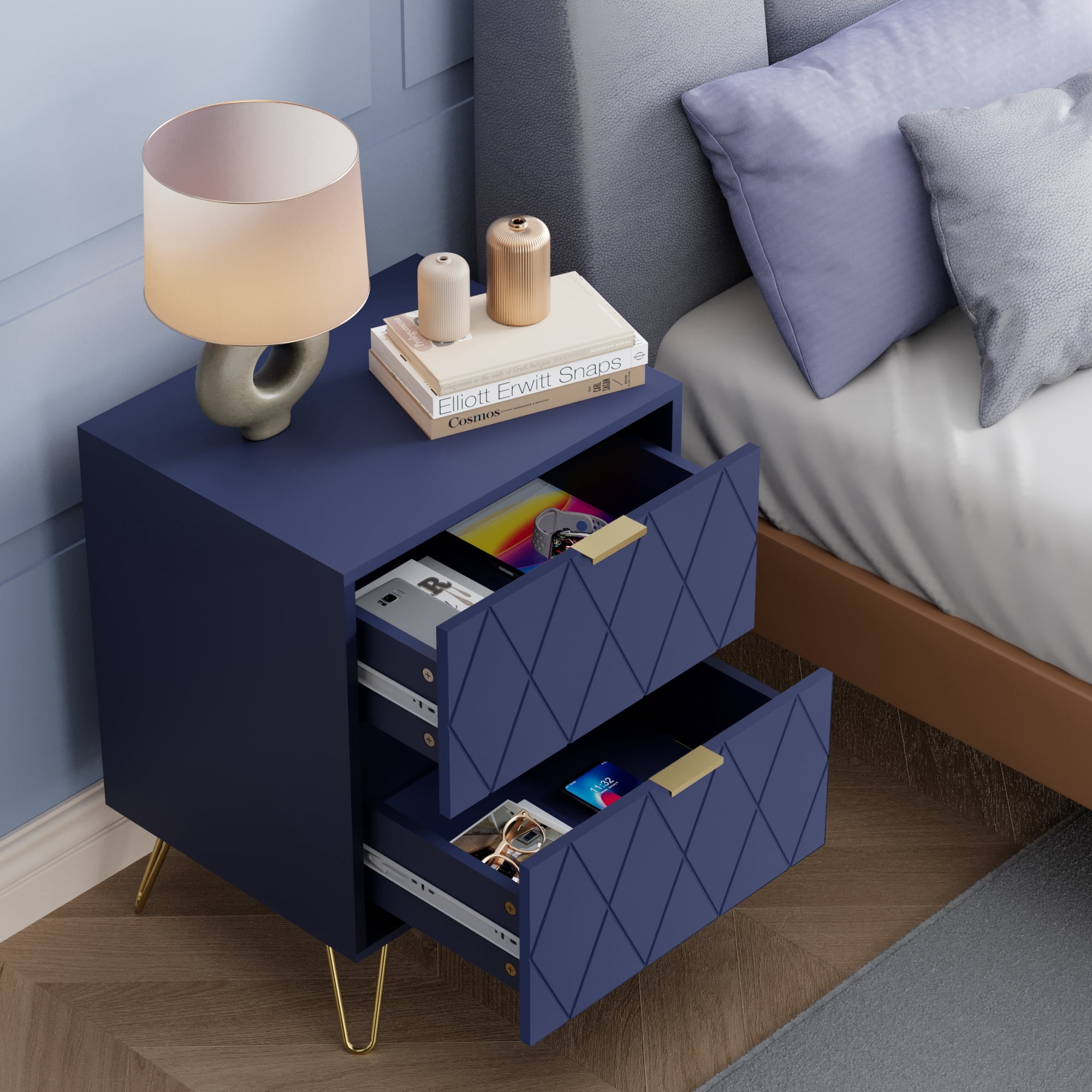Eclife Set of 2 Nightstands Gold Handles Legs End Table for Bedroom Home Adult Kids, Navy Blue