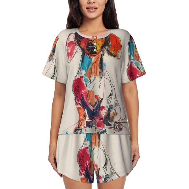 Balery Colorful Dachshund Art Conjunto de Pijama para Mujer con Estampado, Dos Piezas de Manga Corta y Shorts, Ropa de Dormir Suave con Cuello Redondo y Bolsillos-XX-Large