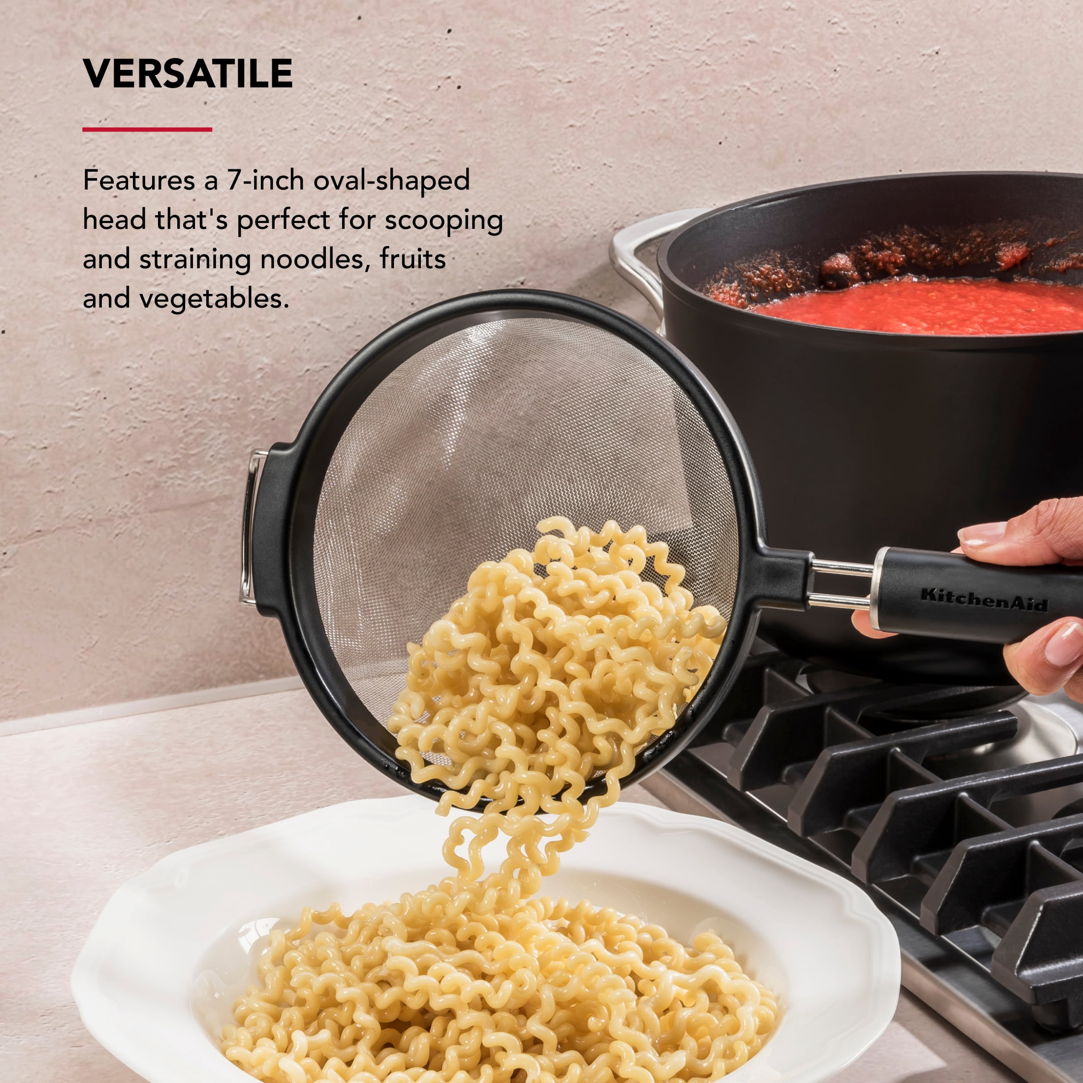 KitchenAid Stainless Steel 7in Fine Mesh Strainer with Ergonomic Handle and Resting Lip, Black