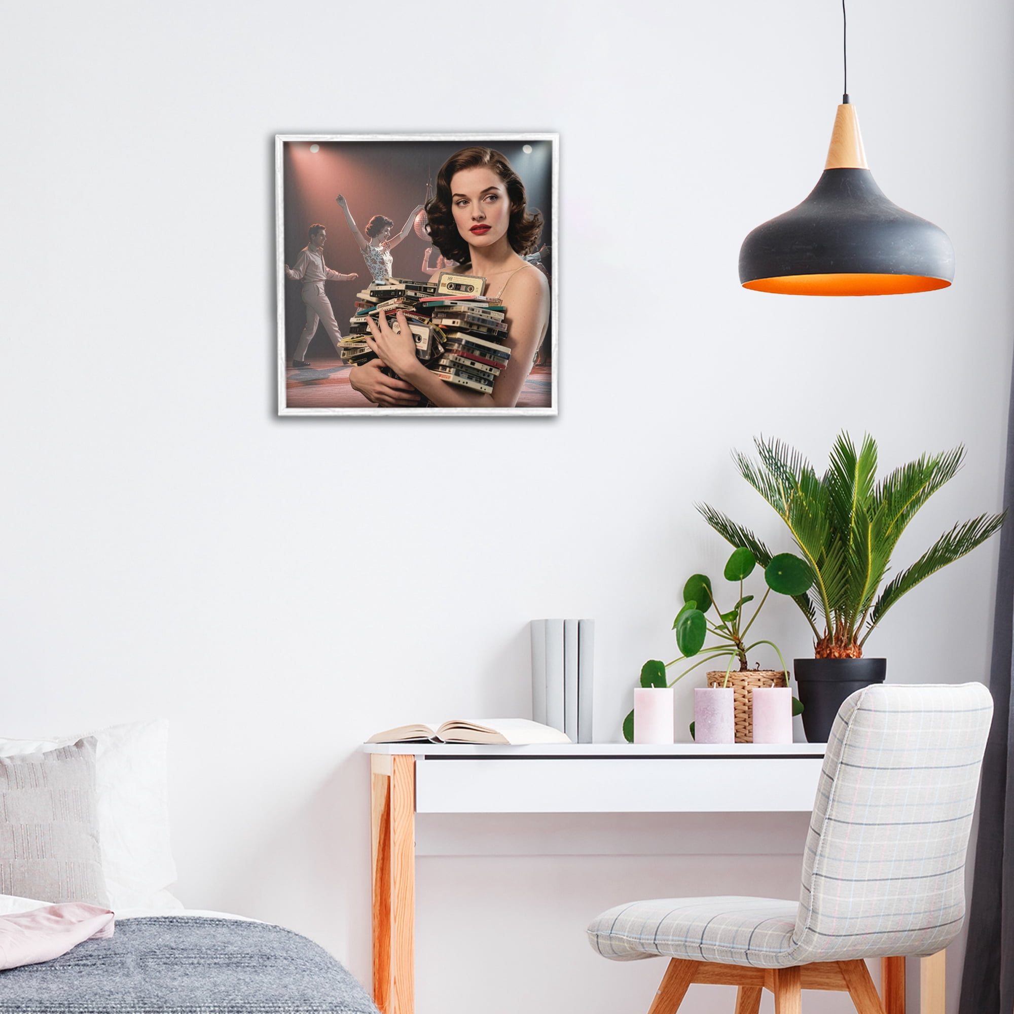 Stupell Industries Woman Holding Vintage Cassette Collection White Framed Giclee Art, design by CAD Designs
