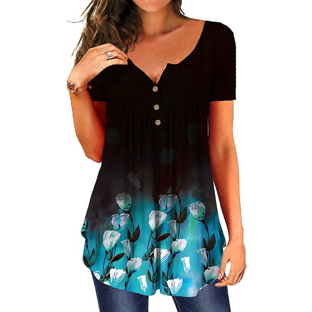 Sonducket Camiseta de poliéster para mujer, blusa plisada con estampado y cuello de pico, blusa lavable transpirable para interiores y exteriores, Prendas para la parte del cuerpo Azul negro L