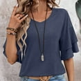 thumbnail image 4 of Tittly T Shirts for Women V Neck T Shirts for Women Womens Casual Blouses Summer Fashion Clothes Double Tiered Half Bell Sleeve Top Crewneck Loose Fit T Shirts Tshirts Shirts Womens Tops Navy L, 4 of 6