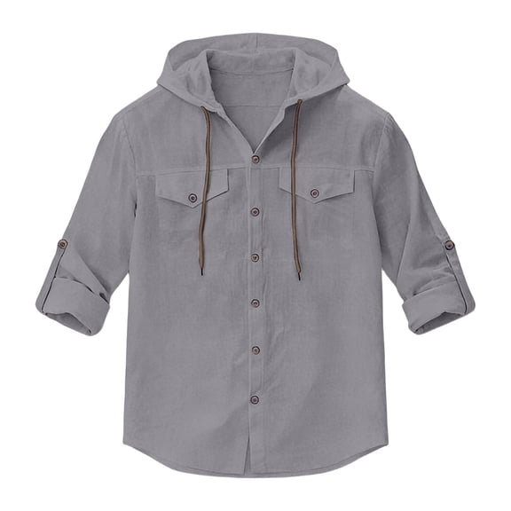 JAJAHO Mens Hooded T Shirt Long Sleeve Lightweight Linen Solid Color Pocket Beach Shirts Casual Drawstring Loose Fit Stylish Tops