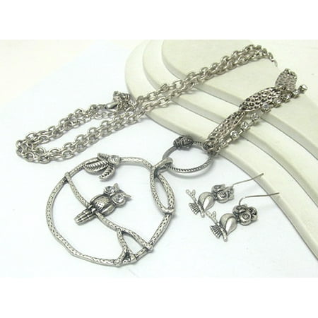 Hypnotic Crystal-Eyed Owl on Tree Branch Silvertone Necklace and Earring Set